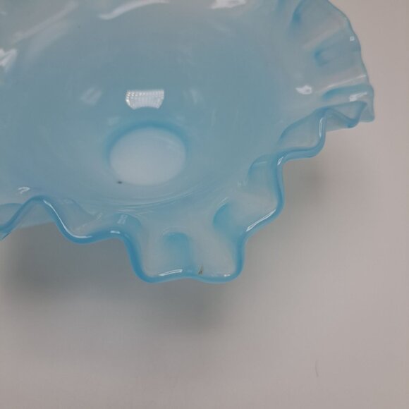 Fenton Blue Glass Bowl With Ruffled Crimped Edge - Picture 5 of 13
